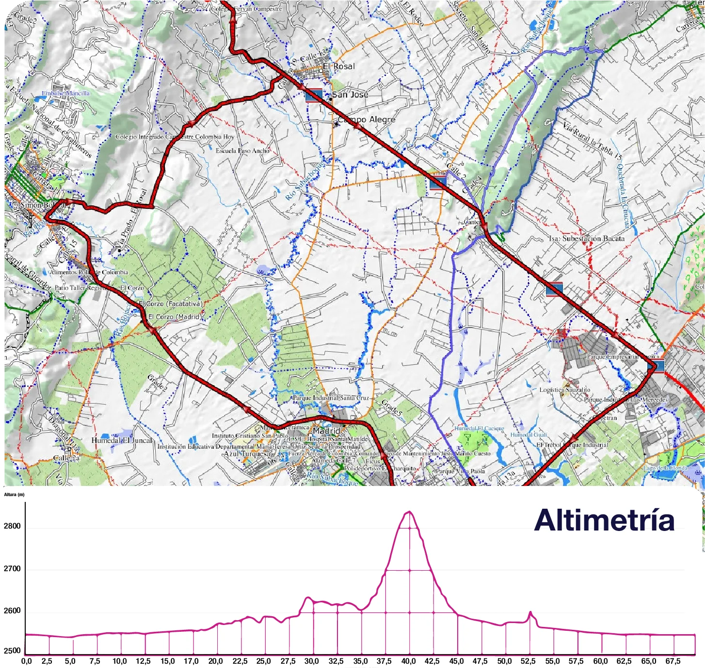 Mapa del recorrido Ruta 47 K con su altimetría